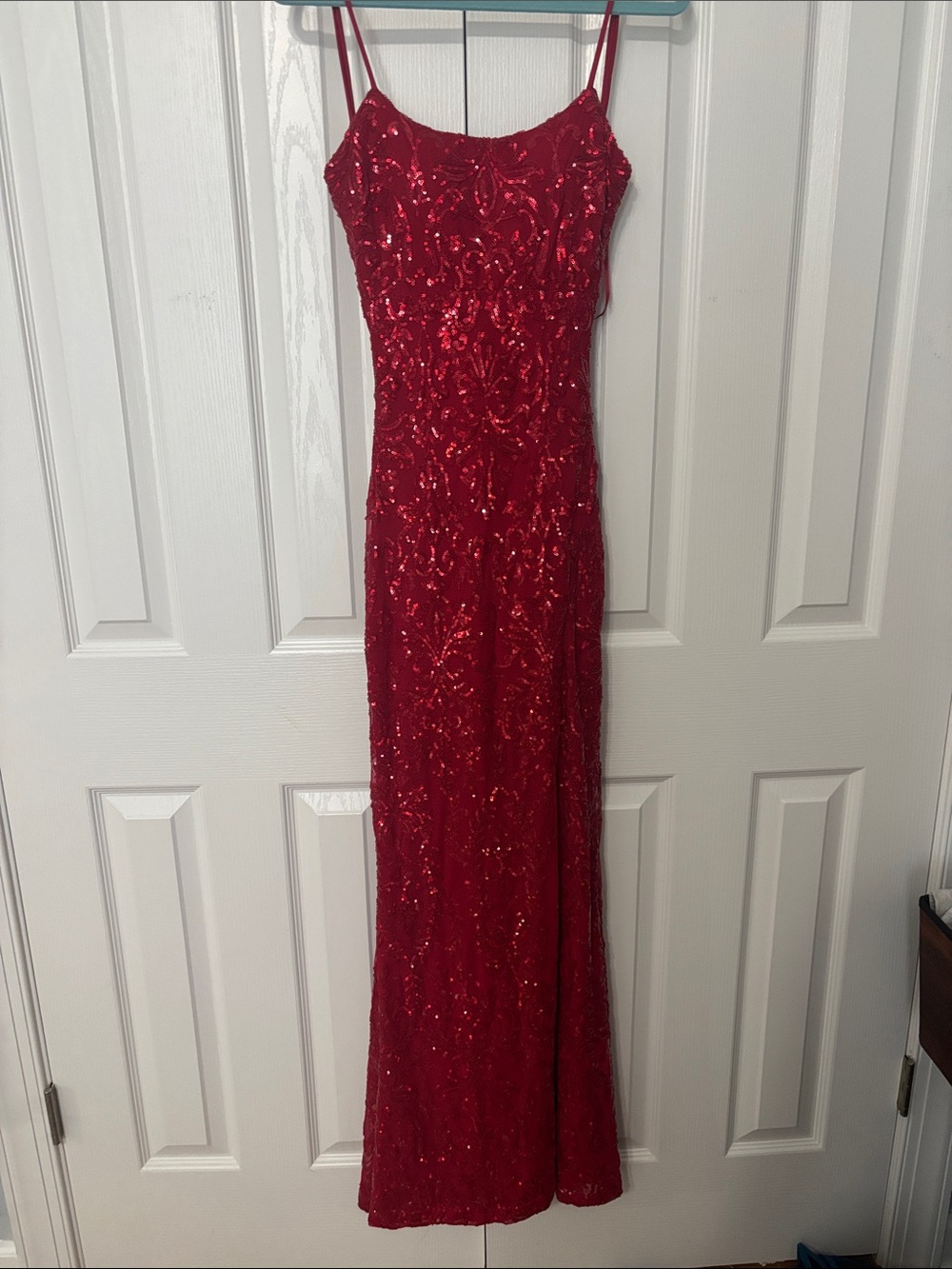 Red Sequin Spaghetti-Strap Prom Dress -Open Back Only Worn Once